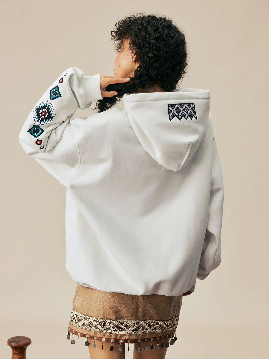 MEDM Ethnic Embroidered Patch Pearl Oversized Hoodie | Face 3 Face