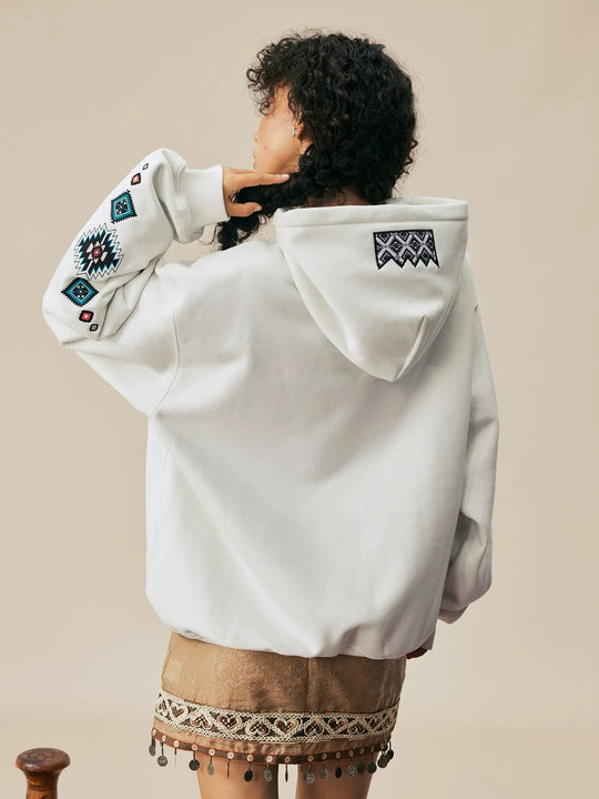 MEDM Ethnic Embroidered Patch Pearl Oversized Hoodie | Face 3 Face