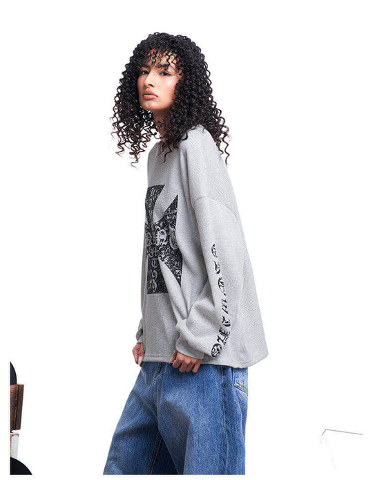 F3F Select Vintage Cross Print Waffle Long Sleeve Tee | Face 3 Face
