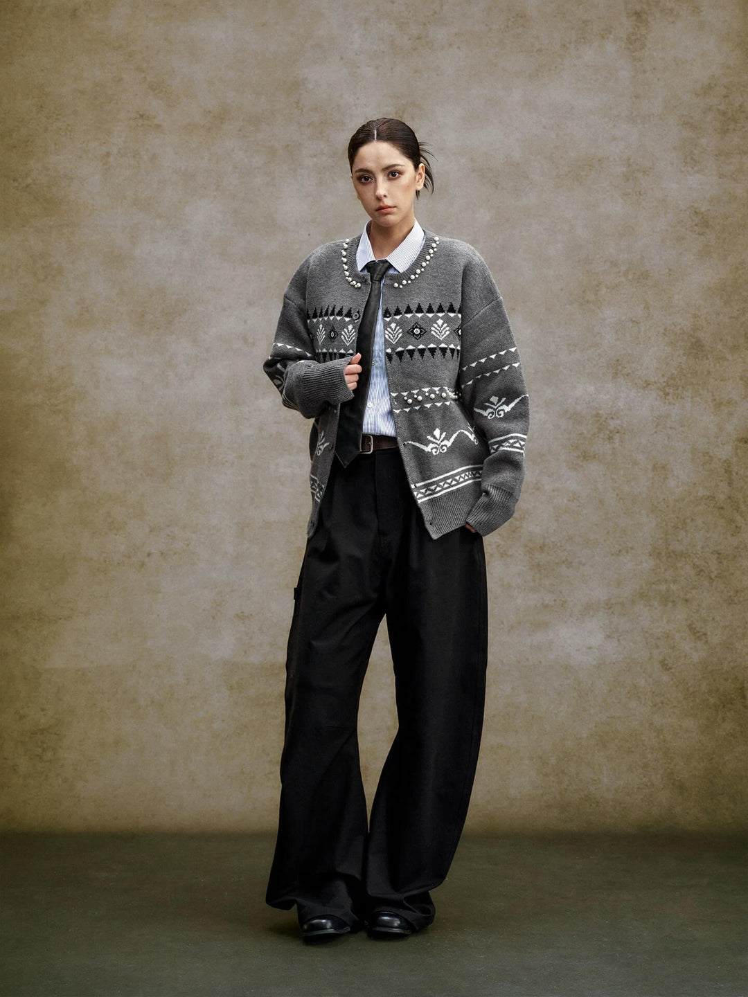 YADcrew Pearl Embellished Fair Isle Knit Crew Neck Cardigan | Face 3 Face