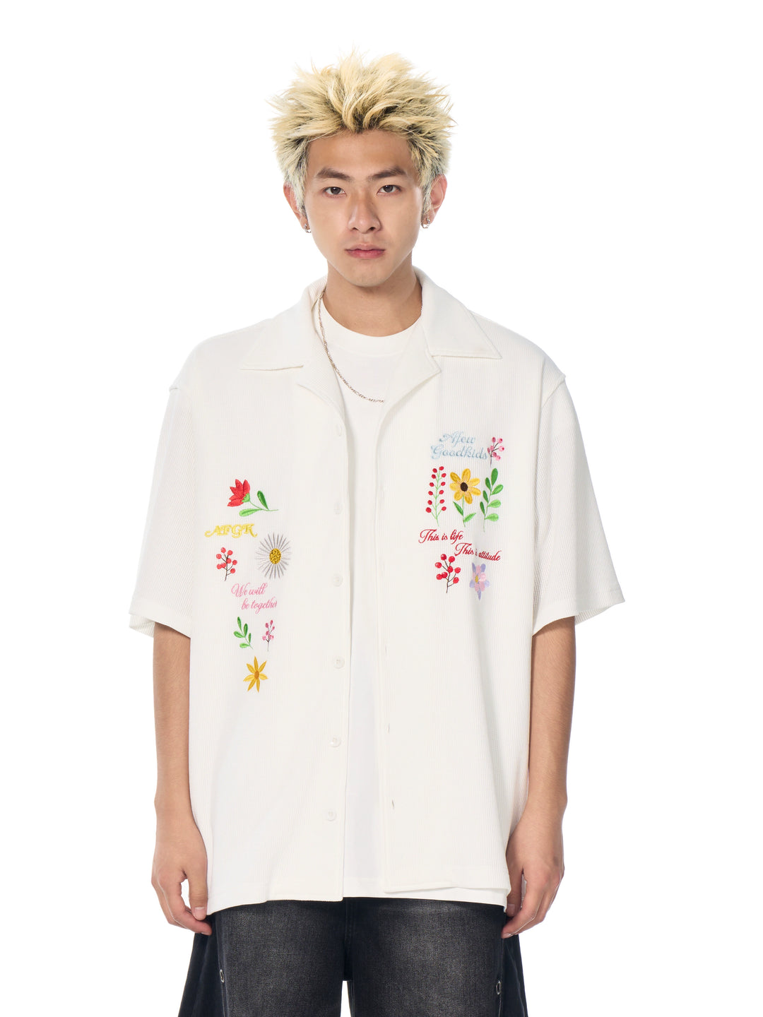 AFGK Floral Embroidered Waffle Short Sleeve Shirt | Face 3 Face