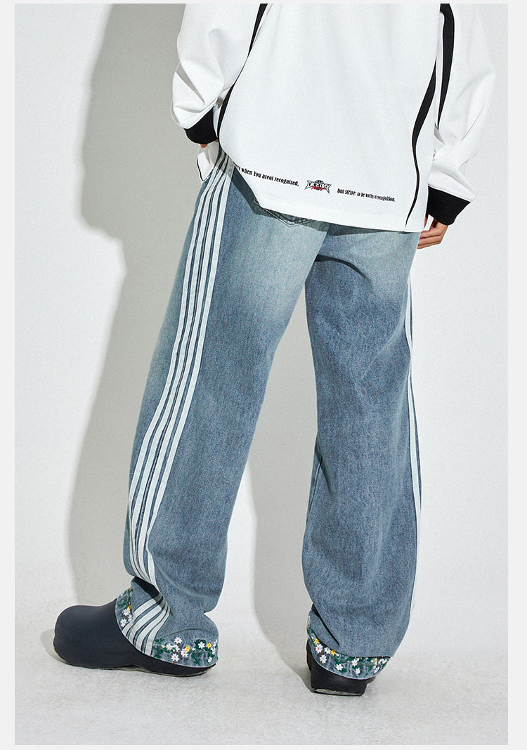 DICETINY Side Striped Floral Embroidered Washed Jeans | Face 3 Face