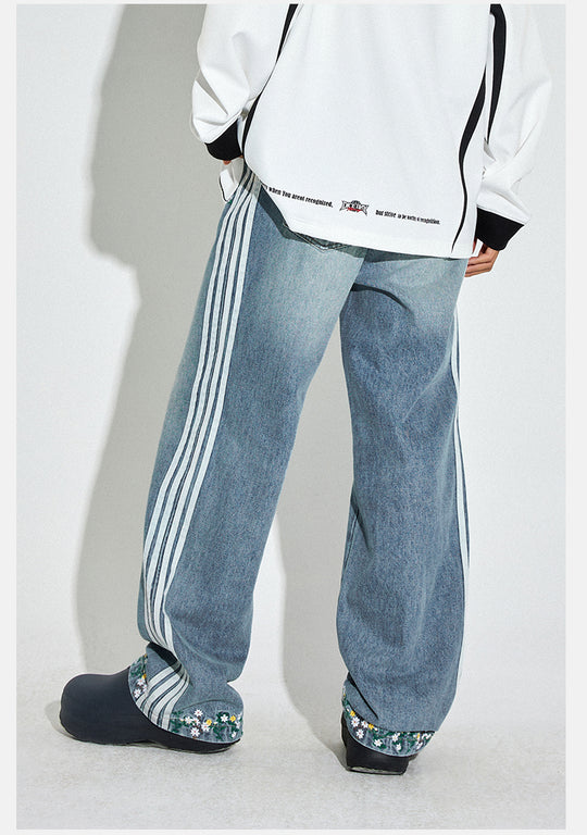 DICETINY Side Striped Floral Embroidered Washed Jeans | Face 3 Face