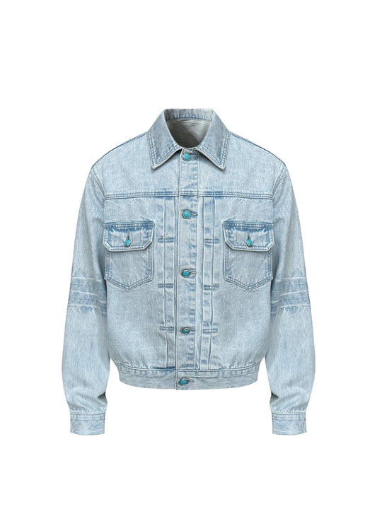 S45 Light Blue Heavy Washed Turquoise Button Denim Jacket | Face 3 Face