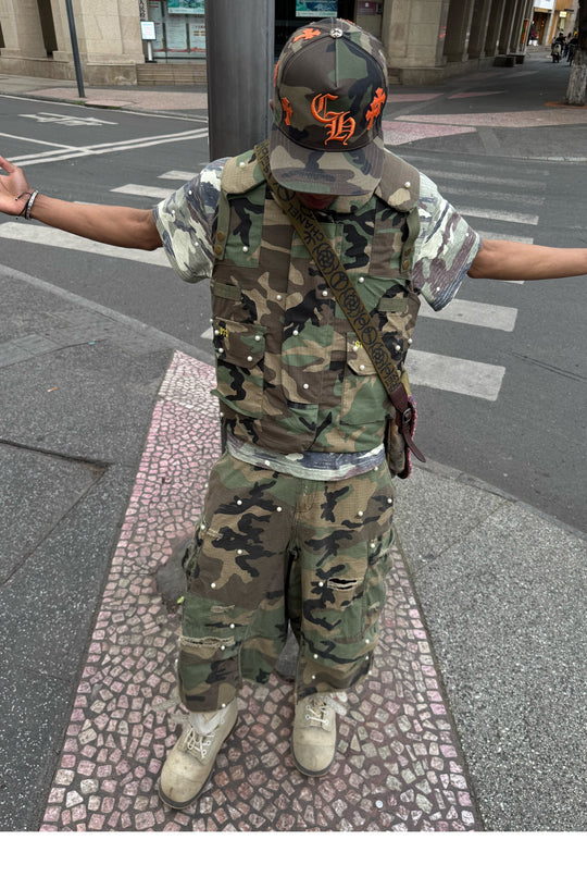 STEEPC M-65 Pearl Embellished Camouflage Baggy Cargo Shorts | Face 3 Face