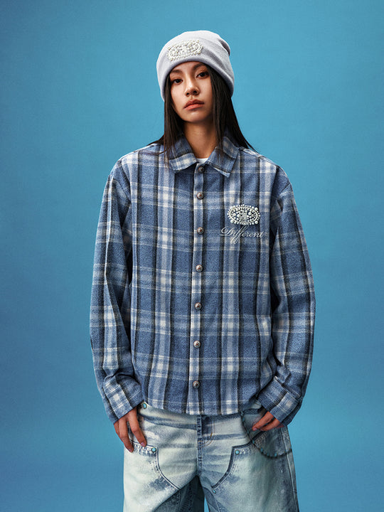 YADcrew Pearl-Embroidered Plaid Long-Sleeve Shirt | Face 3 Face