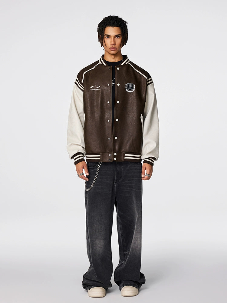 Racer varsity jacket | Achock Color Blocking PU Leather Varsity Jacket | Face 3 Face