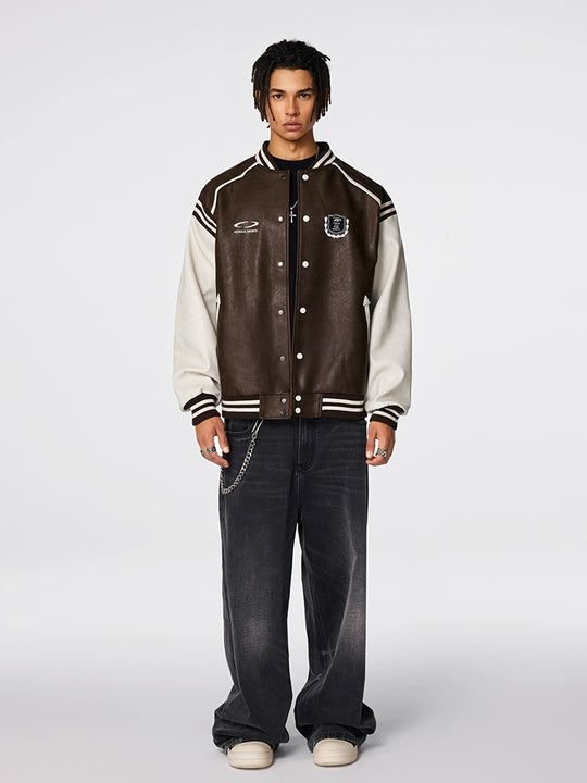 Racer varsity jacket | Achock Color Blocking PU Leather Varsity Jacket | Face 3 Face