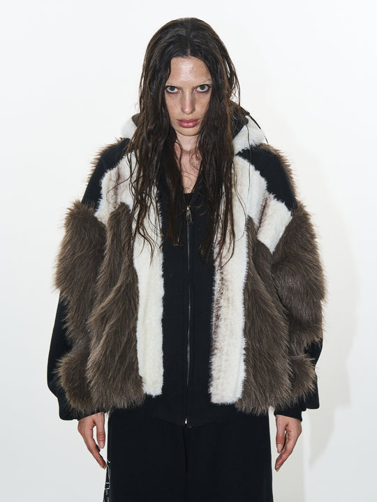 BLIND NO PLAN Colorblocked Hooded Fur Jacket | Face 3 Face