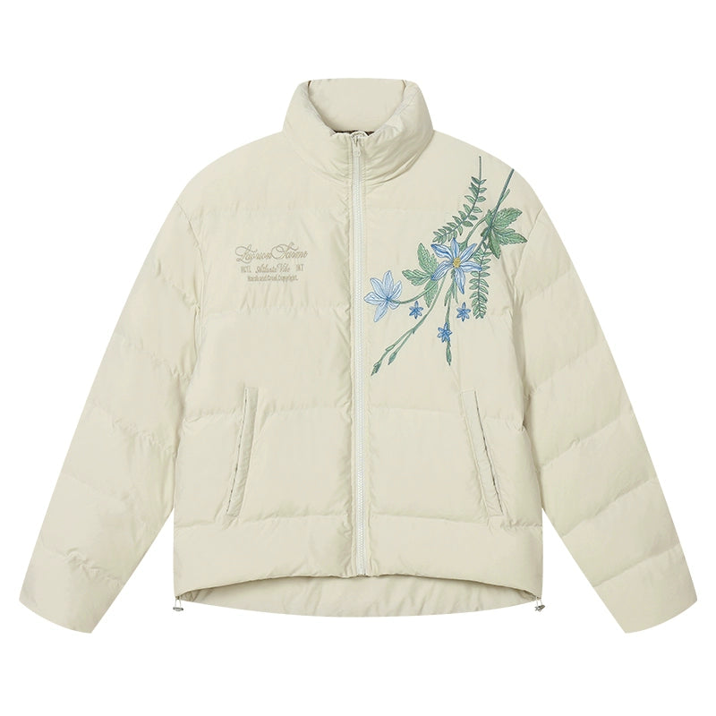 Harsh and Cruel Blue Flower Embroidery Puffer Jacket | Face 3 Face