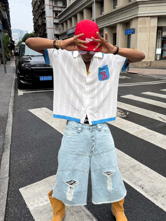 STEEPC Washed Distressed Button Fly Cutoff Baggy Denim Shorts | Face 3 Face