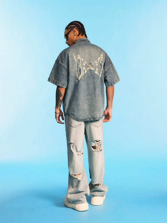 1807 Distressed Logo Washed Denim Short Sleeve Shirt | Face 3 Face
