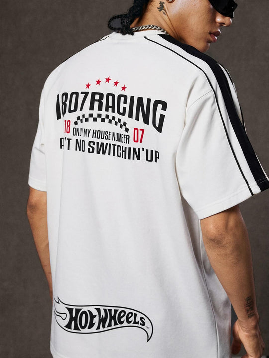 1807 Hot Wheels Racing Print Patch Stripe Sleeve Short Sleeve Tee | Face 3 Face