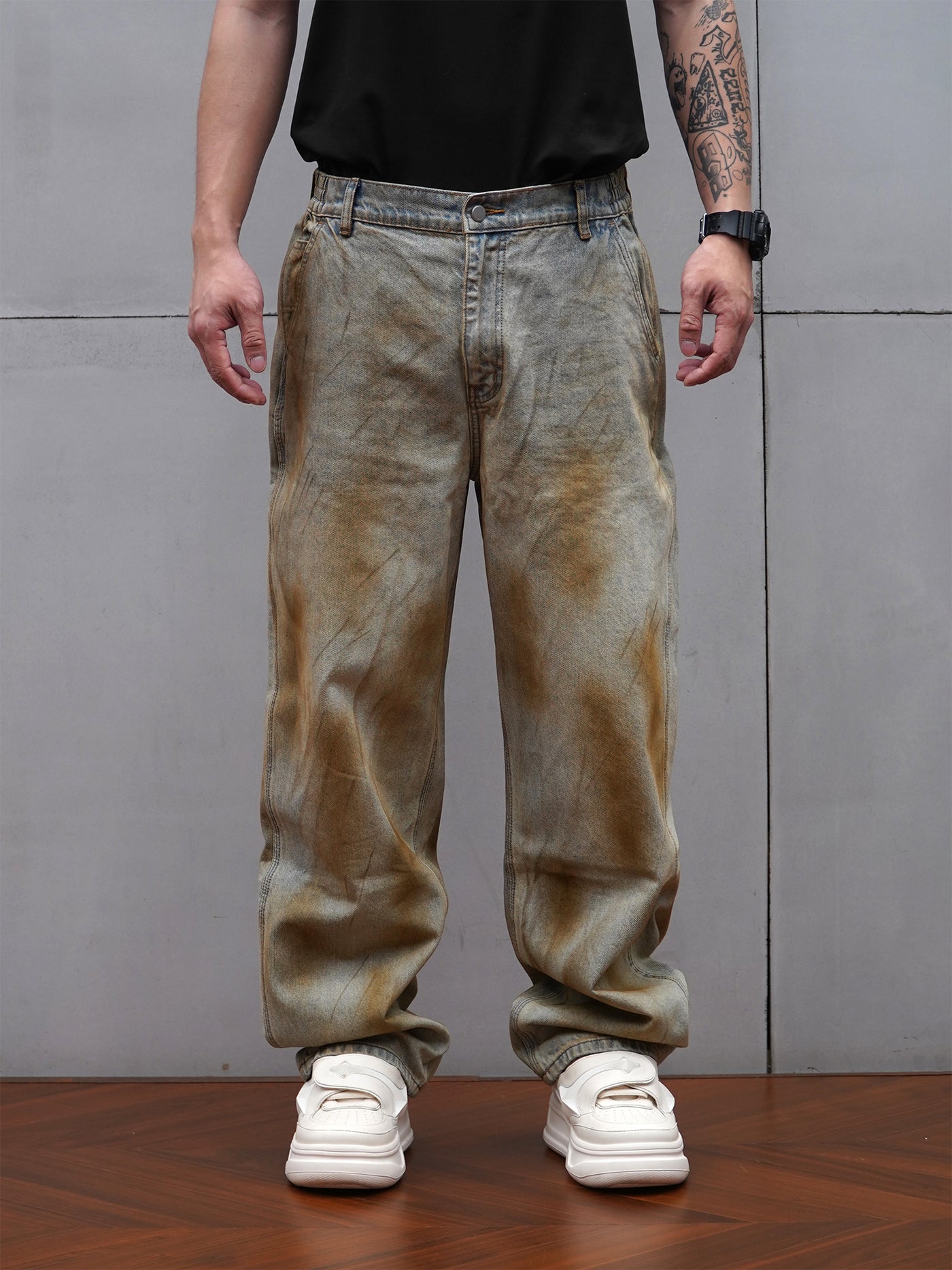 1807 Washed Yellow Spray Vintage Jeans | Face 3 Face