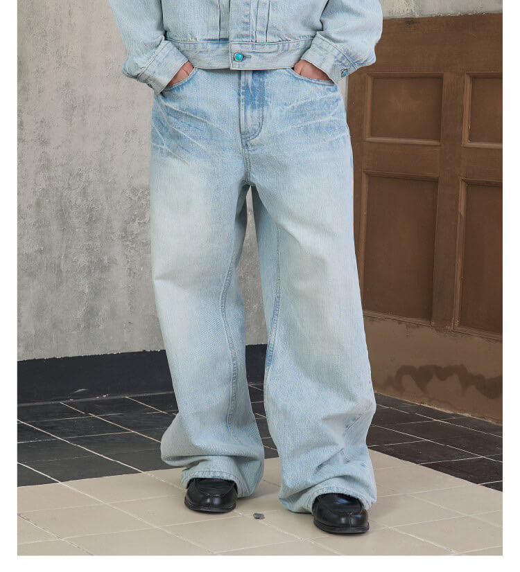 S45 Light Blue Heavy Washed Turquoise Button Flared Jeans