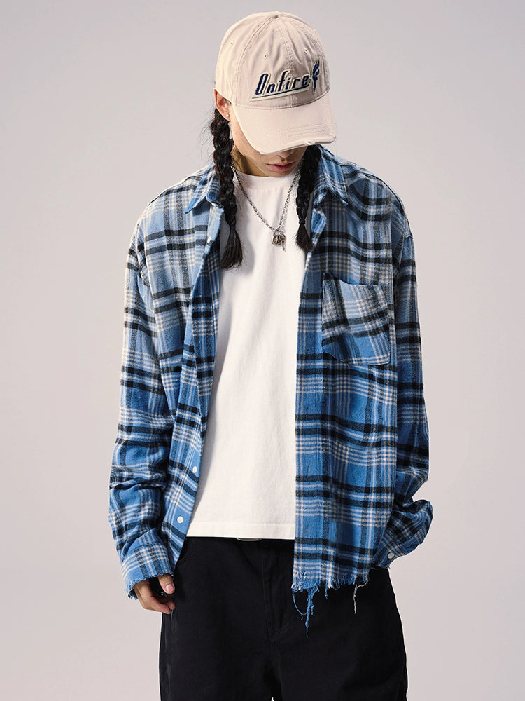 Remedy Washed Gradient Plaid Cutoff Long Sleeve Shirt | Face 3 Face