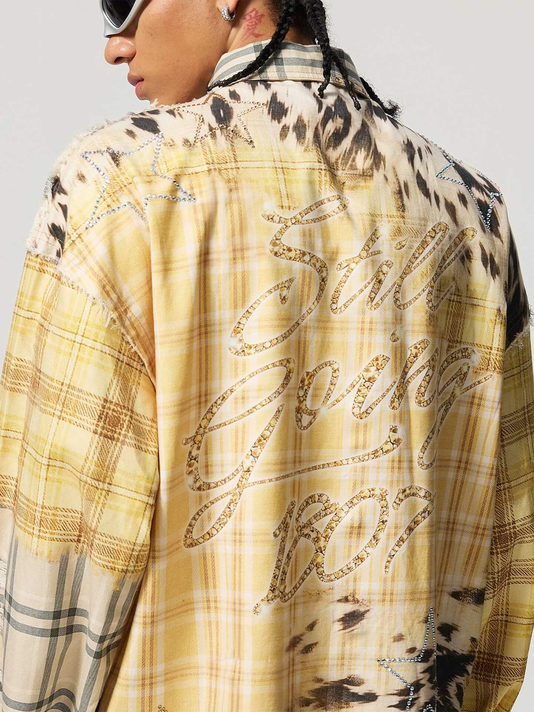 1807 Patchwork Print Plaid Rhinestone Long Sleeve Shirt | Face 3 Face