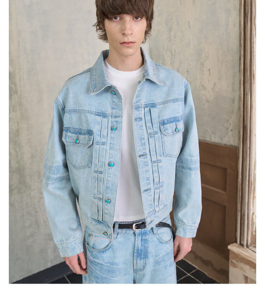 S45 Light Blue Heavy Washed Turquoise Button Denim Jacket | Face 3 Face