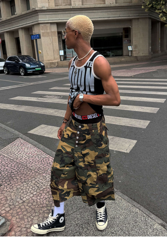 STEEPC Button Fly Camo Baggy Cargo Shorts | Face 3 Face
