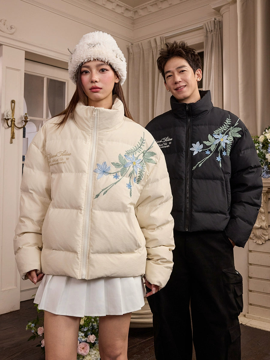 Harsh and Cruel Blue Flower Embroidery Puffer Jacket | Face 3 Face