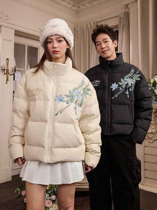Harsh and Cruel Blue Flower Embroidery Puffer Jacket | Face 3 Face
