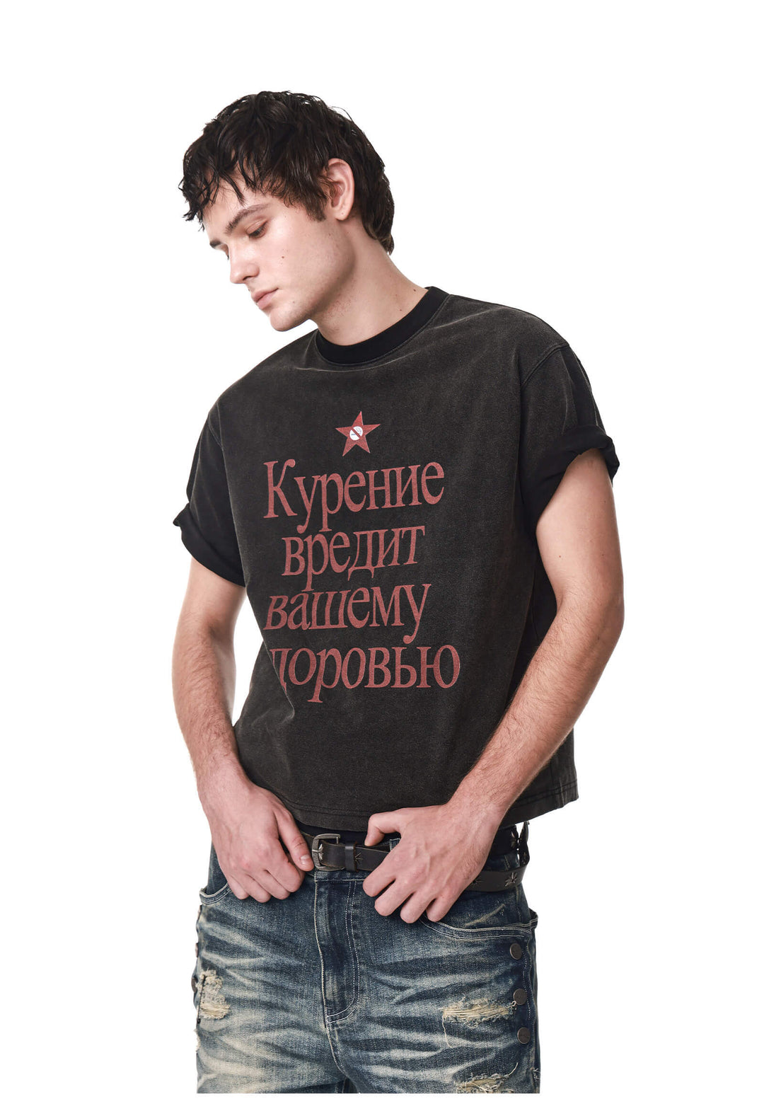 ANTIDOTE Cyrillic Letter Print Washed Short Sleeve Tee | Face 3 Face