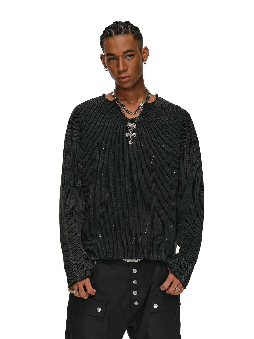 ANTIDOTE Striped Texture Washed Ink Splash Knit Sweater | Face 3 Face