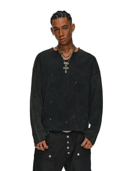 ANTIDOTE Striped Texture Washed Ink Splash Knit Sweater | Face 3 Face
