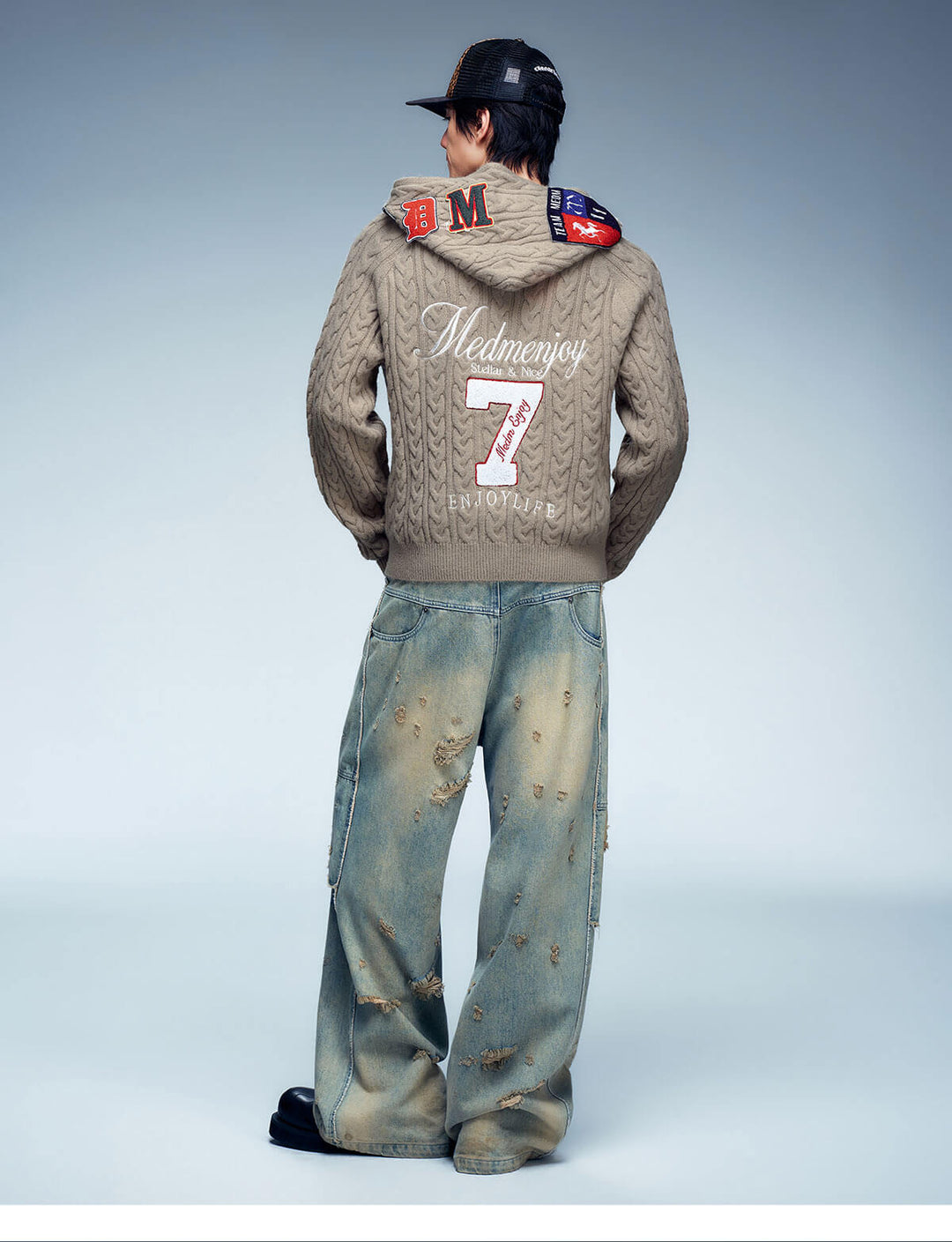 MEDM Patch Applique Zip Up Knit Hoodie | Face 3 Face