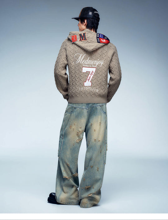 MEDM Patch Applique Zip Up Knit Hoodie | Face 3 Face