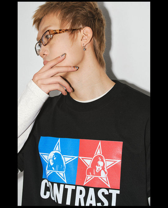 NOVACAM Double Star Girl Graphic Print Short Sleeve Tee | Face 3 Face