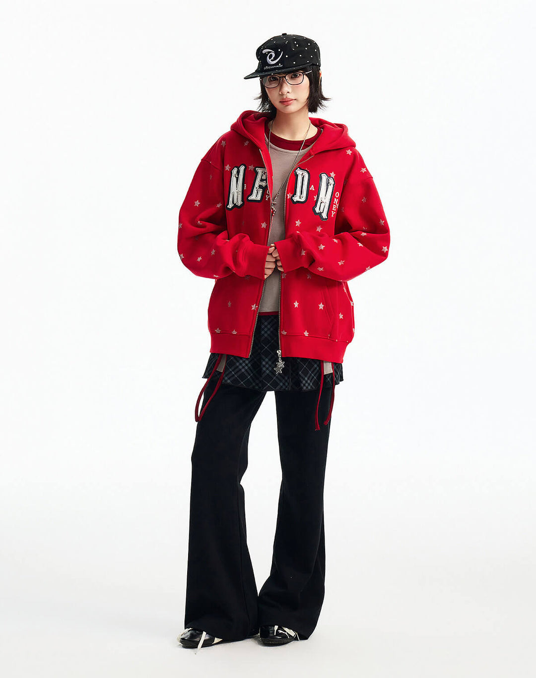 MEDM All Over Glitter Star Print Logo Patch Zip Up Hoodie | Face 3 Face
