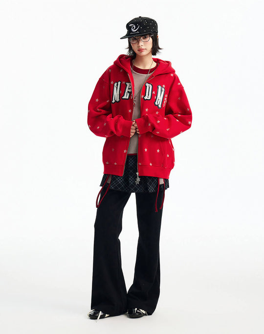 MEDM All Over Glitter Star Print Logo Patch Zip Up Hoodie | Face 3 Face