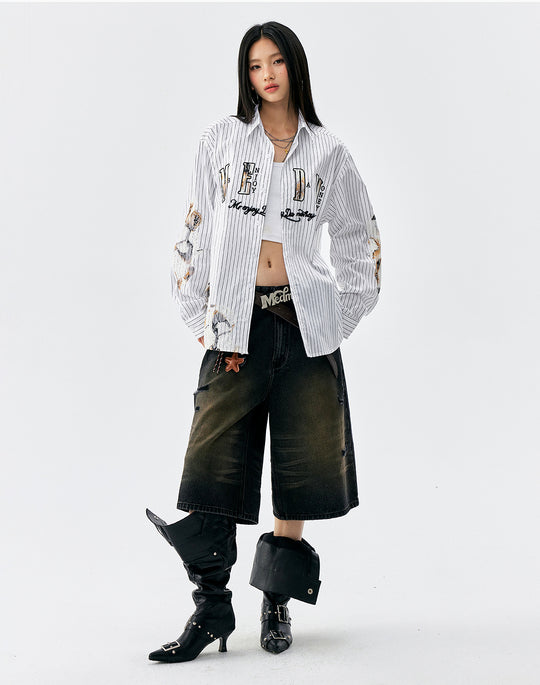 MEDM Lace Embroidered Striped Long Sleeve Shirt | Face 3 Face