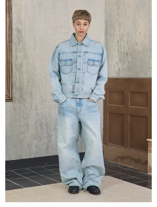 S45 Light Blue Heavy Washed Turquoise Button Denim Jacket | Face 3 Face