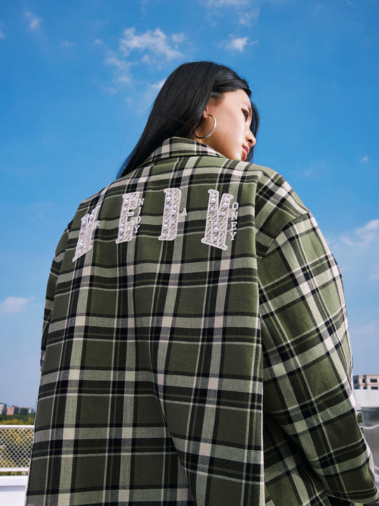 MEDM Green Pearl Embroidery Plaid Long Sleeve Shirt | Face 3 Face