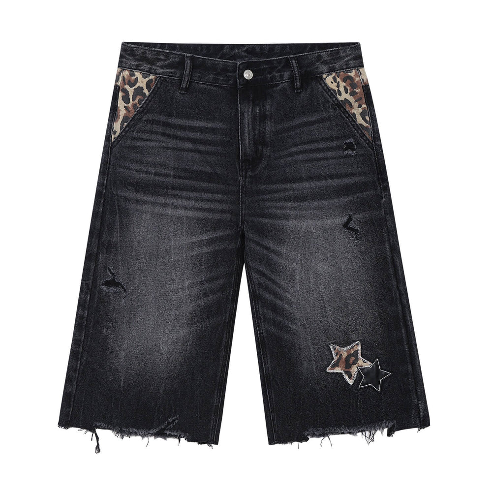 MEDM Leopard Print Star Patch Cutoff Denim Shorts | Face 3 Face