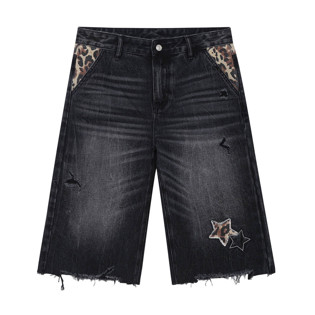 MEDM Leopard Print Star Patch Cutoff Denim Shorts | Face 3 Face