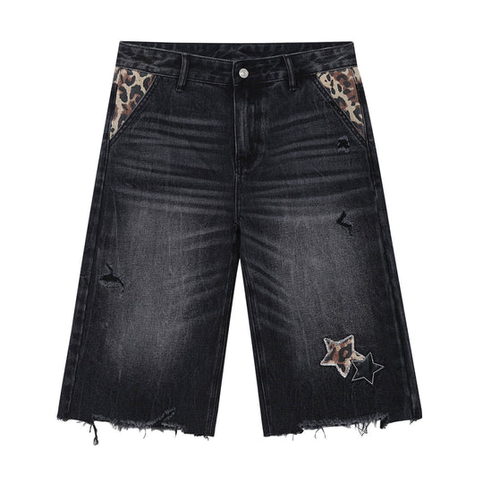 MEDM Leopard Print Star Patch Cutoff Denim Shorts | Face 3 Face