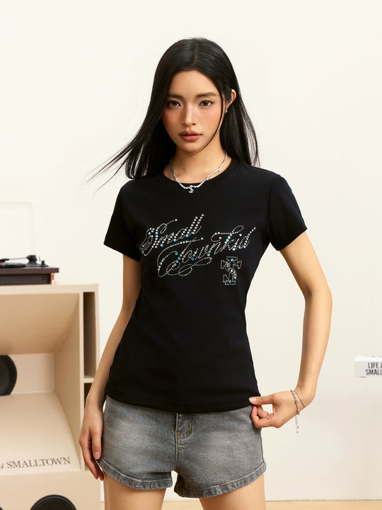Small Town Kid Rhinestone Jewelry Lettering Slim Fit Tee | Face 3 Face
