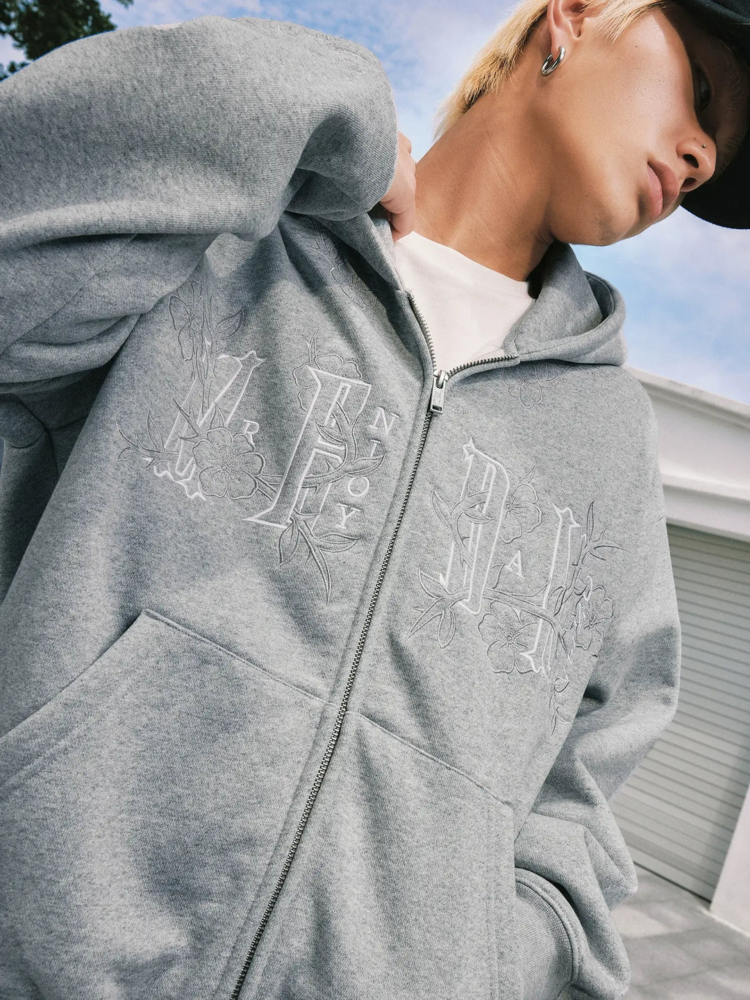MEDM Flower Embroidered Zip Up Hoodie | Face 3 Face