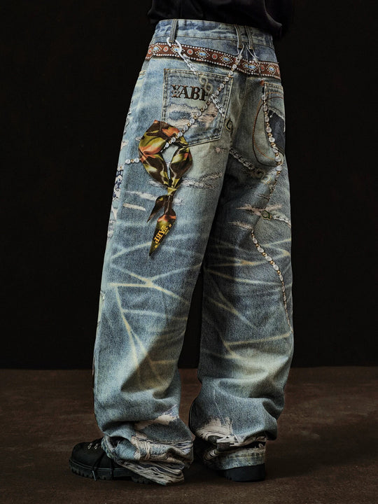 YADcrew x BIPOLAR 3D Belt Chain Digital Print Machete Jeans | Face 3 Face