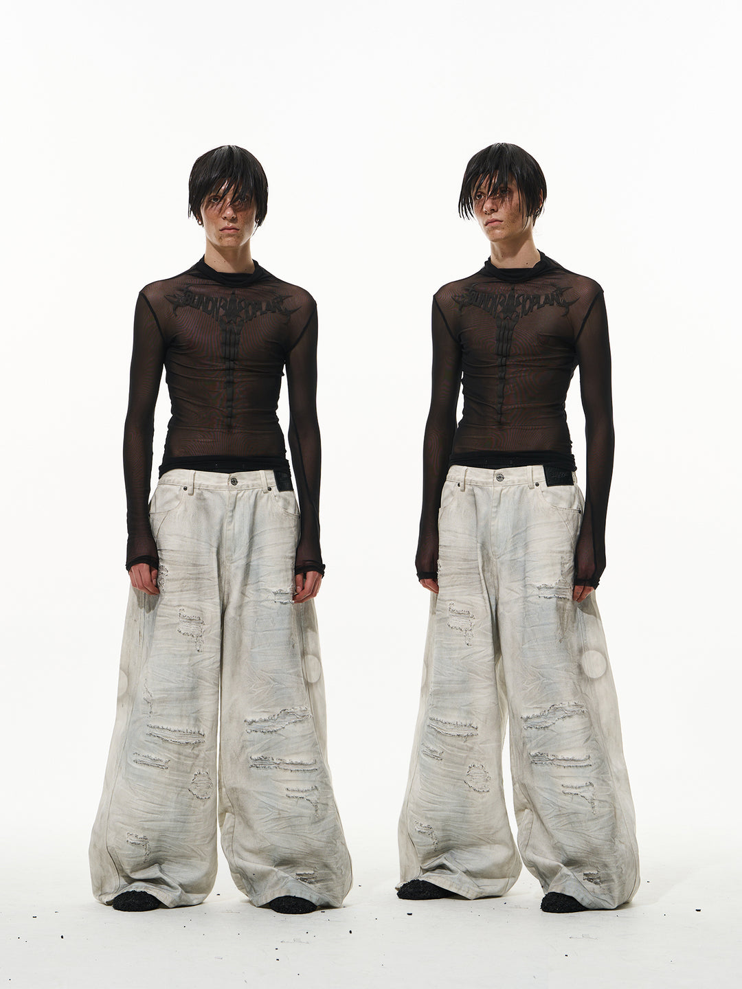 BLIND NO PLAN Washed Mud-Dyed Ripped White Baggy Jeans | Face 3 Face