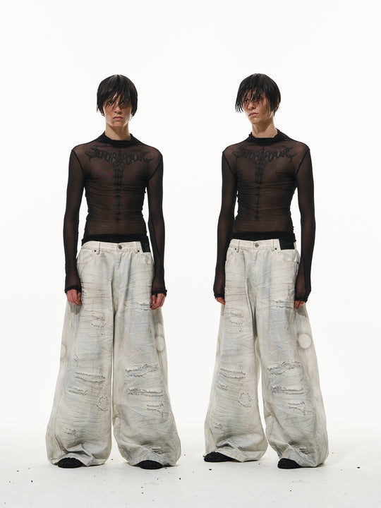 BLIND NO PLAN Washed Mud-Dyed Ripped White Baggy Jeans | Face 3 Face