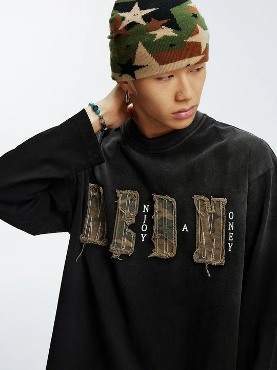 MEDM Frayed Logo Patch Washed Distressed Long Sleeve Tee | Face 3 Face