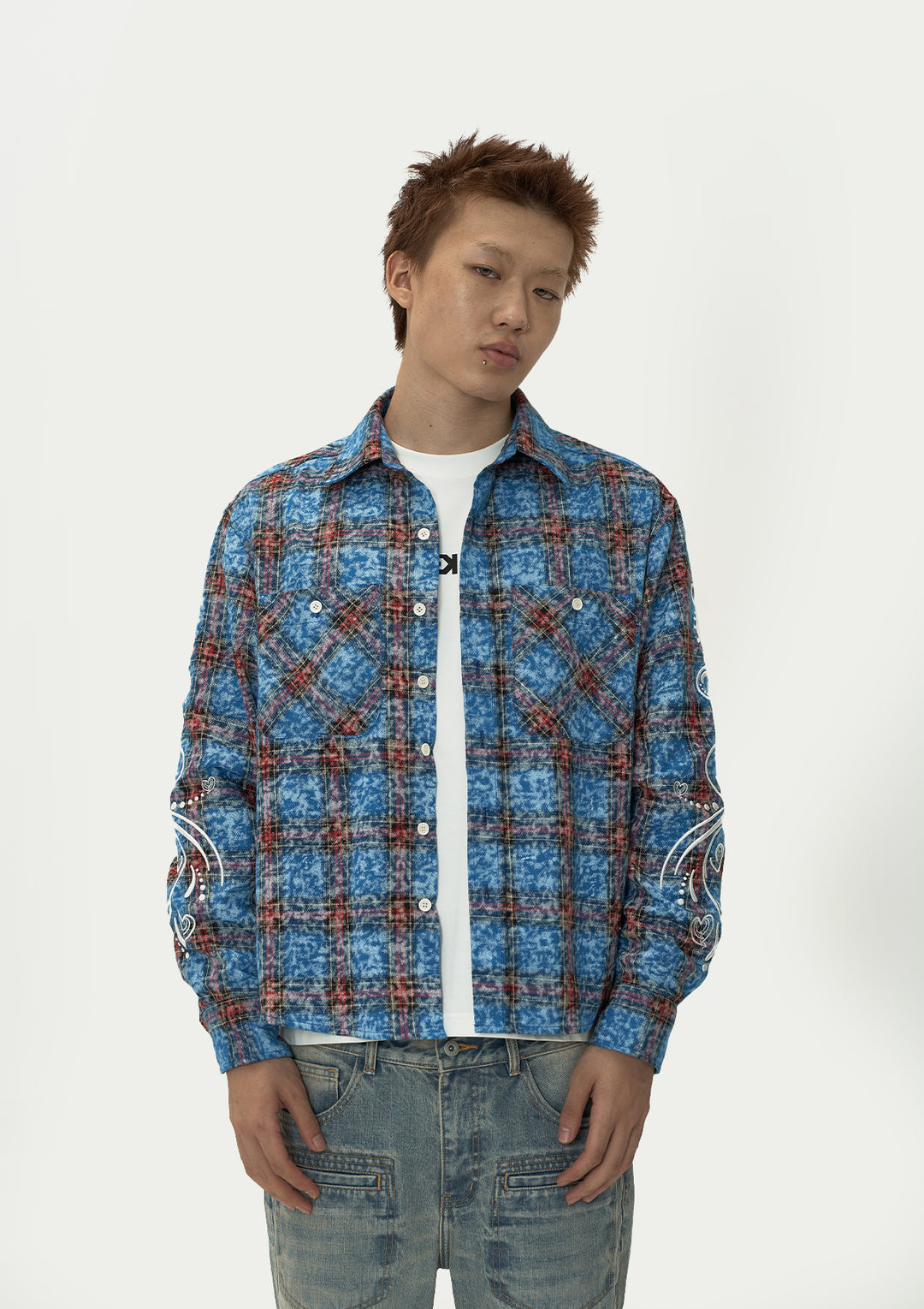 EVILKNIGHT(EK) Floral Embroidered Plaid Long Sleeve Shirt | Face 3 Face