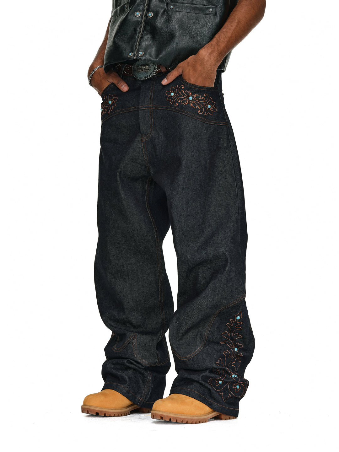 ANTIDOTE Turquoise Studded Embroidered Western Jeans | Face 3 Face