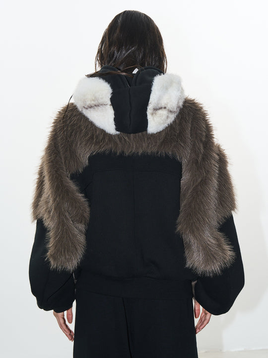 BLIND NO PLAN Colorblocked Hooded Fur Jacket | Face 3 Face