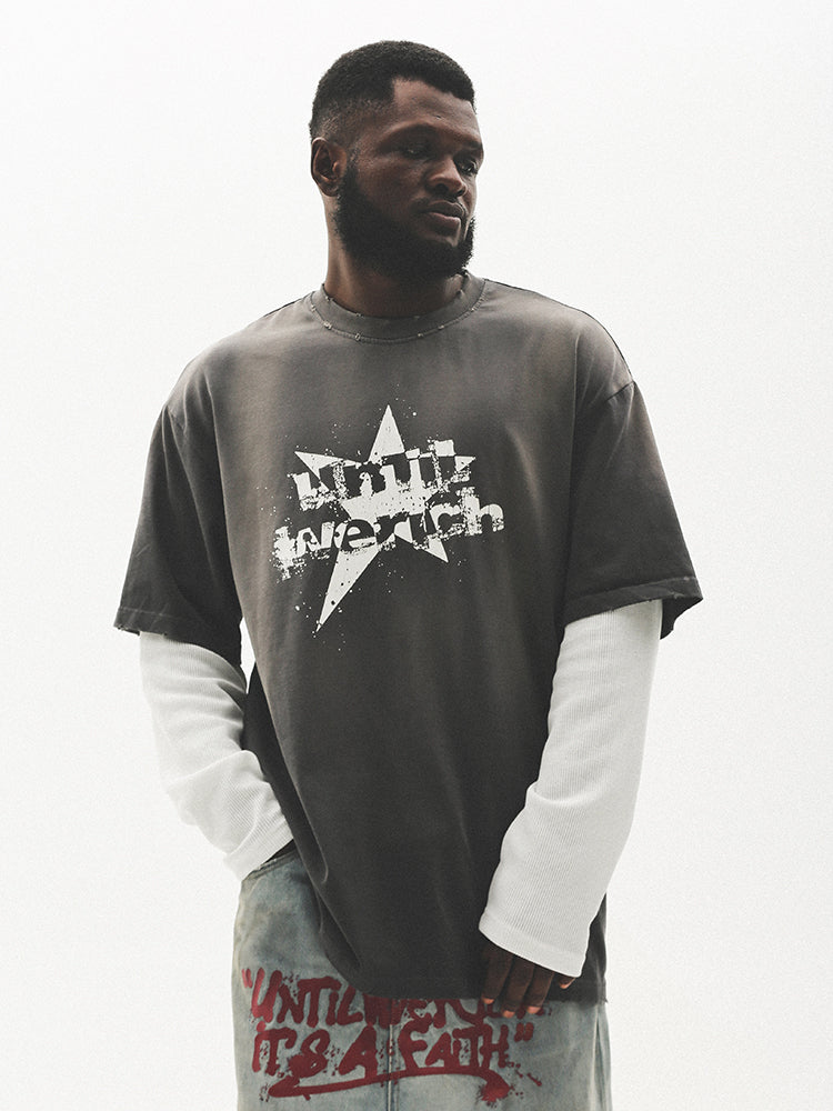 UNTILWERICH Washed Star Burst Print Mock Two-Piece Long Sleeve Tee | Face 3 Face