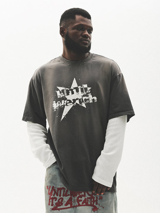 UNTILWERICH Washed Star Burst Print Mock Two-Piece Long Sleeve Tee | Face 3 Face